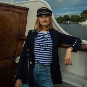 Kate Spade white and navy striped cotton t shirt